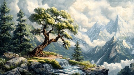 Obraz premium Serene Mountain Vista: Digitally Painted Landscape Featuring a Majestic Tree. AI Generated