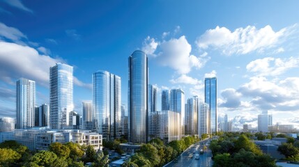 Obraz premium Modern city skyline with glass skyscrapers under blue sky and fluffy white clouds, showcasing urban architecture and vibrant city life