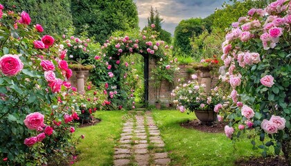 Naklejka premium Enchanted rose garden with stone path and floral archway, blooming pink roses in a lush romantic backyard, beautiful english cottage garden landscape with vibrant flowers and green foliage