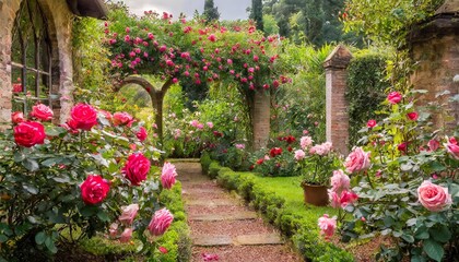 A secluded garden filled with blooming roses