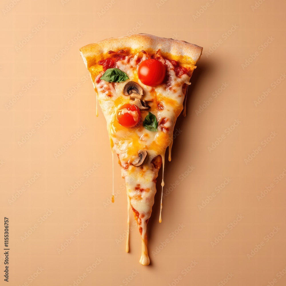 Aufkleber Creative pizza slice with drippy cheese and vibrant toppings on neutral background for minimalistic design. Generative AI