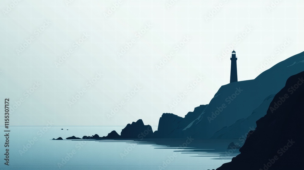 Poster silhouette of a lighthouse on a rocky coast against a serene backdrop showcasing minimalist beauty a