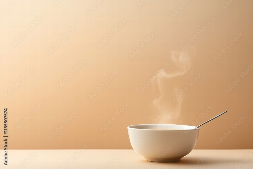 Aufkleber warm steam rises from a minimalist soup bowl with a spoon against a soft background inviting comfort