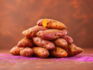 An overhead view of a stacked pile of fresh sweet potatoes on a textured surface. Their vibrant orange hue pops against the earthy background.