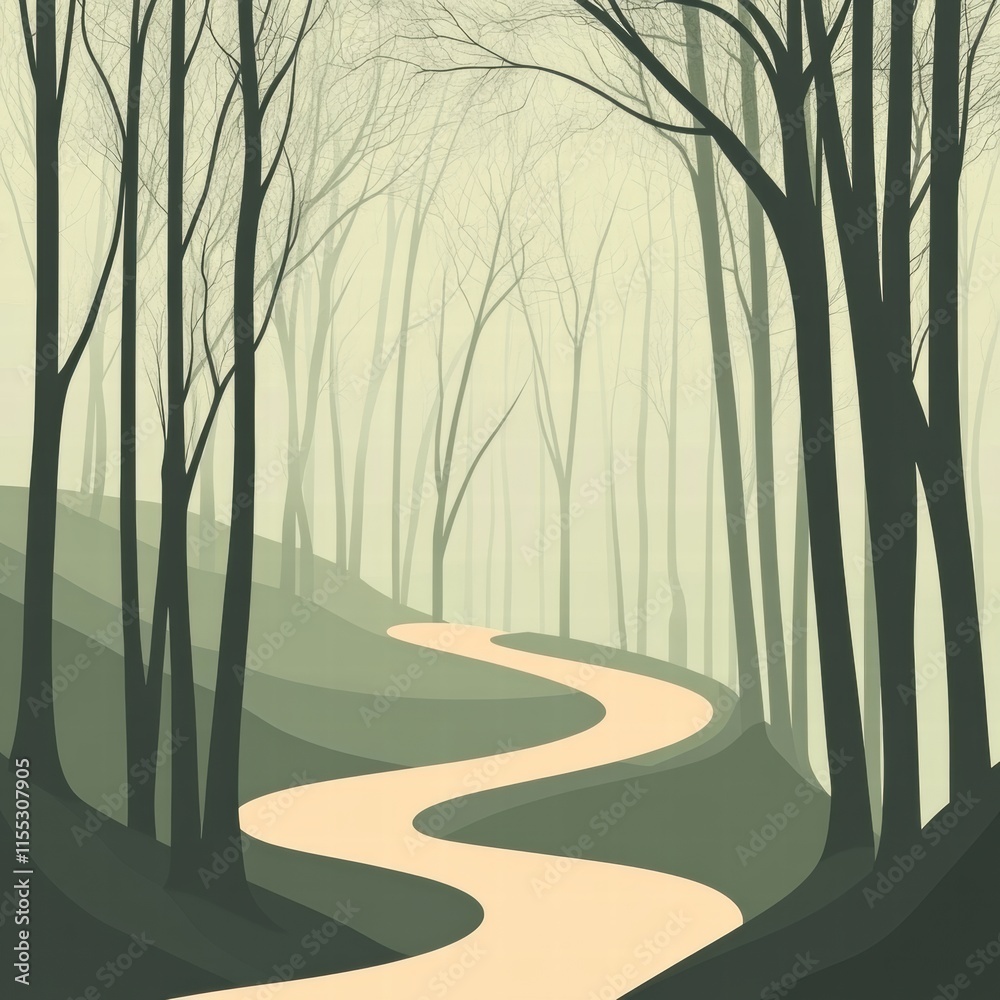 Aufkleber Winding minimalist forest path inviting exploration through serene natural surroundings. Generative AI