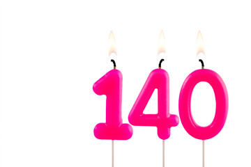 Pink number 140 birthday candle on white background