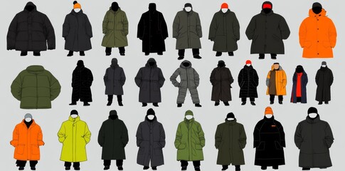 Tiny figures in autumn clothes or outerwear walk through the street, taking part in outdoor activities. This scene shows a collection of men and women isolated on a white background, created in a