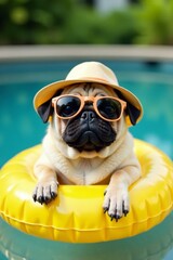 Cute pug lounging on pineapple pool float with sunglasses and hat, pug dog, pineapple floaty