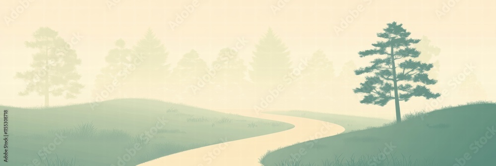 Poster winding forest path invites exploration through a serene minimalist landscape. generative ai