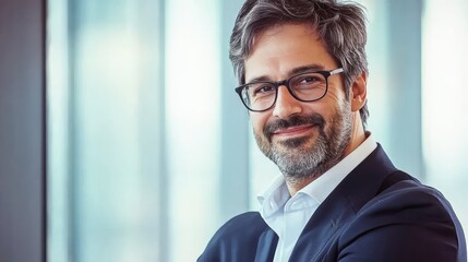 Fototapeta premium Confident business professional with glasses smiles warmly in a modern office environment showcasing contemporary design and natural light