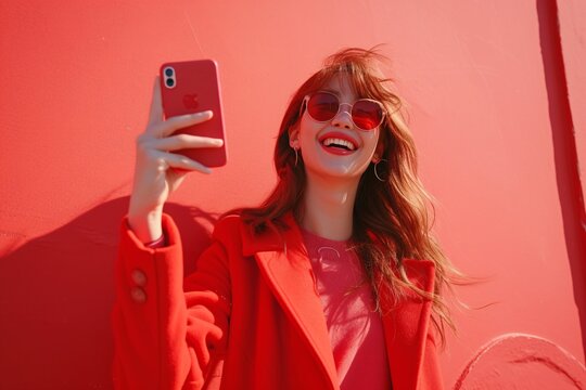 Young woman enjoys a sunny day, wearing stylish red attire and sunglasses, capturing a cheerful moment on her smartphone against a bold red wall.