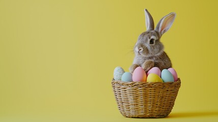 Charming bunny relaxing in a wicker basket filled with colorful easter eggs against a bright yellow background