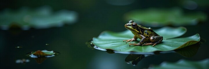 Obraz premium Dark pond water reflects a tiny Natterjack toad on lily pad at night, nocturnal, natterjack toad