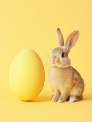 Playful bunny beside a large pastel yellow egg in a bright setting during spring