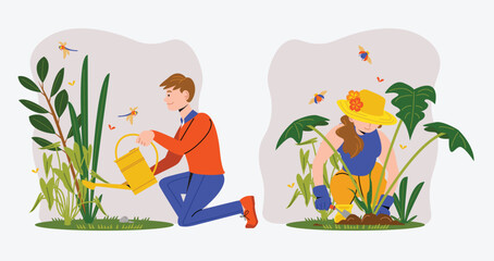 Male and female gardener watering and planting philodendron plants   Sustainable gardening at home © InkMarvel