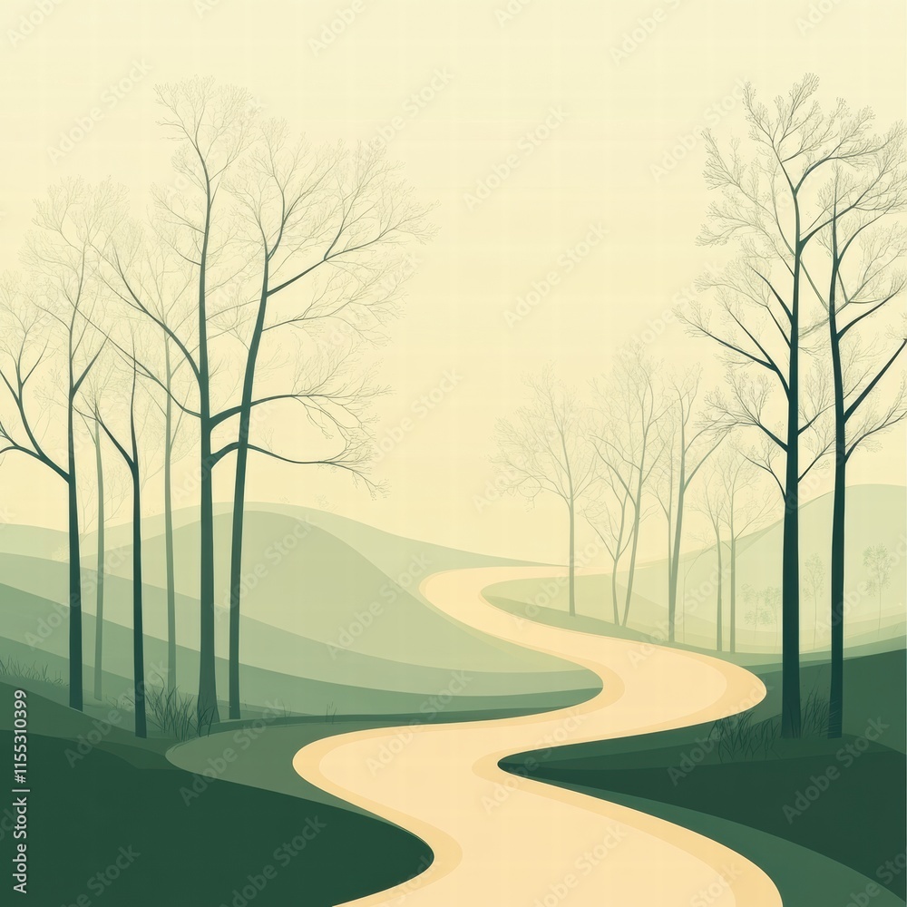 Aufkleber Winding minimalist forest path leading through serene landscape with tranquil atmosphere and ample space for text. Generative AI