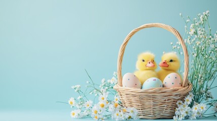 Wicker basket filled with pastel Easter eggs and fluffy ducklings in a serene spring setting