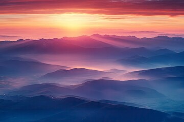 Plane is flying over mountain peaks in low clouds at golden sunrise. Top view of passenger airplane, colorful sky, hills in fog. Aircraft is taking off. Business travel. Commercial. Aerial view