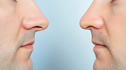 Obraz premium Close-Up Profiles of Two Male Faces Displaying Similar Nose Structures Against a Soft Blue Background