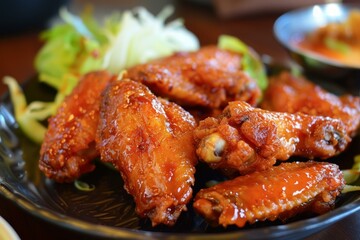 Fototapeta premium Roasted chicken wings glazed with a savory sauce and served with fresh salad on a black plate