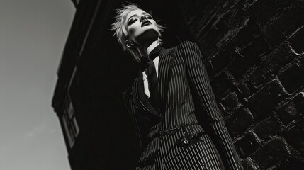 Fashion Editorial Portrait: A female model, wearing black neck tie, pin stripped suit, against a brick wall  background. Smokey make-up. Elegant. black and white image. 