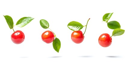 Vibrant Red Cherries with Lush Green Leaves: Close-Up Photo on White. AI Generated