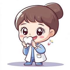Obraz premium Cute Animated Character of a Dentist Holding a Tooth for Children’s Oral Health Education and Promotion of Dental Care Awareness
