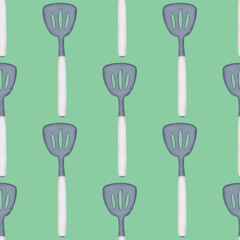 Slotted spatula seamless pattern with green background in a noise grainy texture style breakfast concept, illustration
