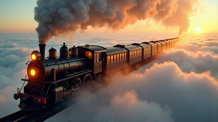 Vintage steam locomotive rushes through the clouds against a beautiful sunset
