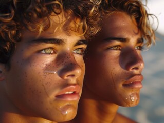 Obraz premium Two men with different skin tones gaze into the distance under sunlight. Their faces glisten, emphasizing the contrast in their complexions.