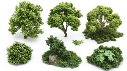 Fototapeta premium Collection of Lush Green Trees and Bushes, Isolated on White Background