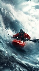 Fearless Kayaker Navigating Intense Whitewater Rapids with Determined Focus