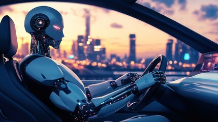 A sleek humanoid robot sits confidently in the seat of a futuristic car, its metallic hands gripping the wheel, surrounded by a high-tech cityscape at dusk