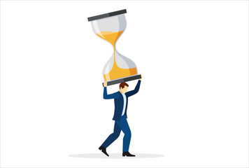 Business concept illustration of businessman carrying a giant hourglass, time management, work overload and deadline in business concept