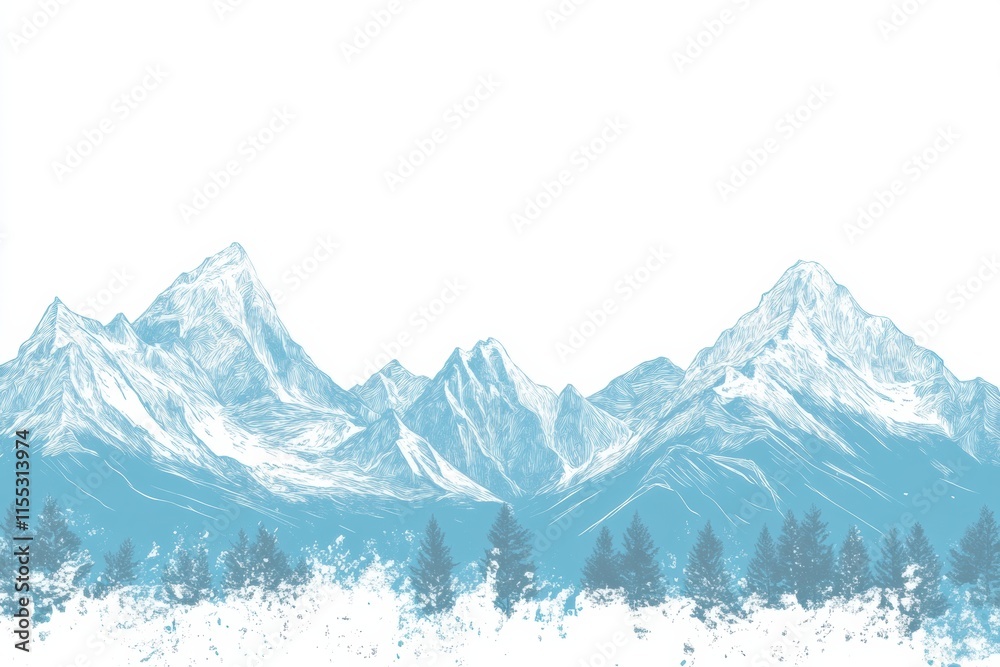 Leinwandbilder winter doodle of snowy mountains and pine trees in a minimalist style with ample copy space for crea