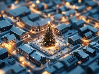 Obraz premium Aerial View of a Magical Snowy Christmas Town with a Glowing Tree Surrounded by Twinkling Lights and Cozy Homes in a Winter Wonderland Scene