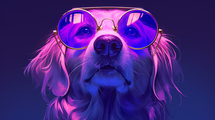 A stylish dog wearing oversized purple sunglasses against a vibrant background.