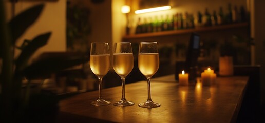 Three elegant glasses of sparkling drink on a wooden table with candles.