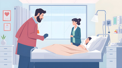 Obraz premium Visiting a relative of a sick person in a hospital room. Support and care of relatives while the patient is hospitalized. Vector illustration in flat style. Generative AI