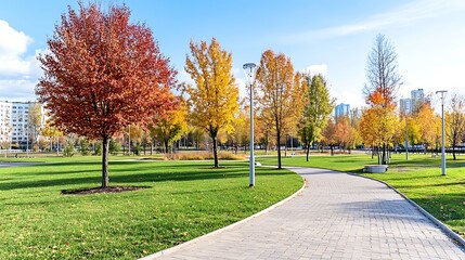 Autumn Park Pathway  Colorful Trees  Green Grass  Stone Walkway
