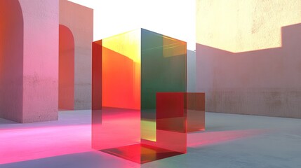 Abstract geometric shapes in vibrant color reflecting light in a minimalistic space.