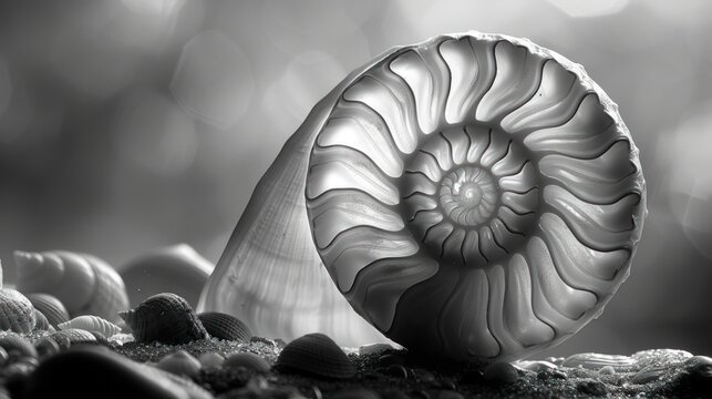 Black and white close-up of a spiral ammonite shell on a beach with other small shells.