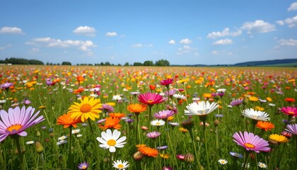 Obraz premium Vibrant Wildflower Meadow Under a Clear Blue Sky