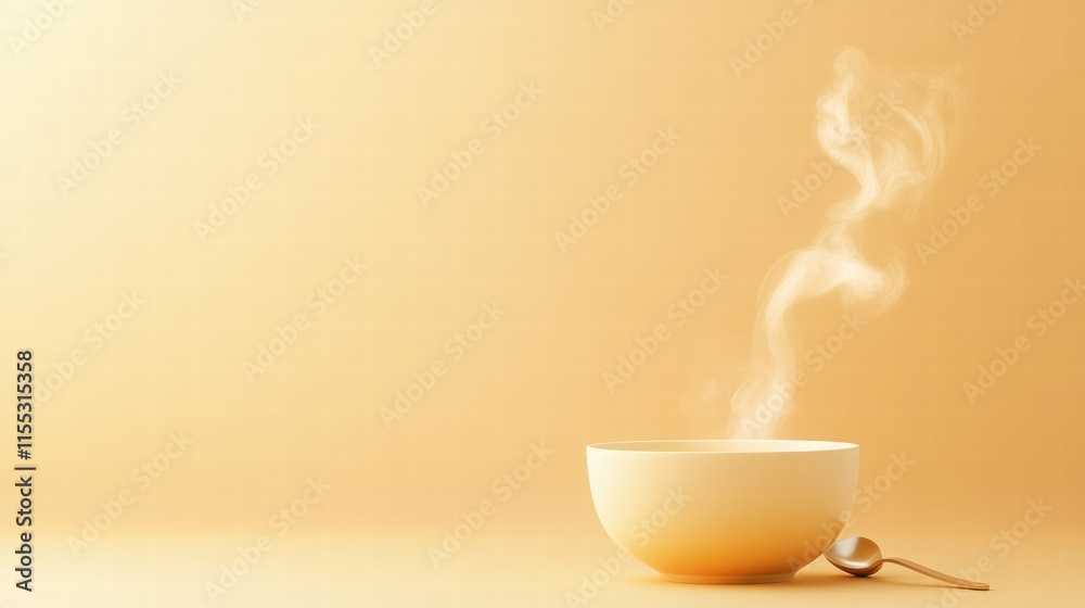 Aufkleber Steam rises from a soup bowl placed on a minimalist surface with a spoon nearby inviting warmth and comfort during mealtime. Generative AI