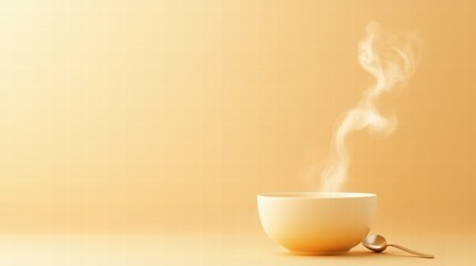 Steam rises from a soup bowl placed on a minimalist surface with a spoon nearby inviting warmth and comfort during mealtime. Generative AI