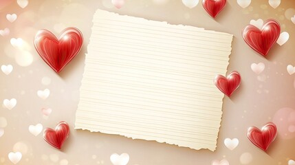 Blank paper surrounded by red and pink hearts on a soft pastel background, perfect for Valentines Day messages.