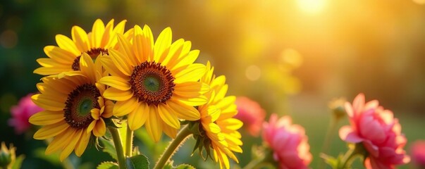 Obraz premium Sunlit bouquet of sunflowers and peonies, capturing the essence of summer, color palette, flowers, blooming flowers