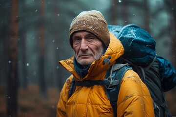 Senior male adventurer in a yellow jacket, equipped for hiking, stands amidst falling snow in a tranquil forest, showcasing resilience in nature.