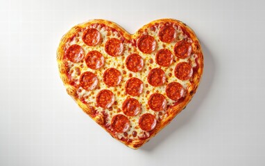 Fototapeta premium A heart-shaped pizza with pepperoni slices arranged in a perfect heart pattern, hovering on a clean white background for Saint Valentines Day