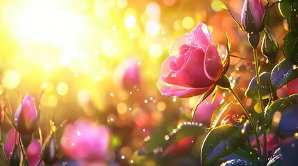 Fototapeta premium Vibrant Pink Roses under Bright Sunlight with Dew Drops